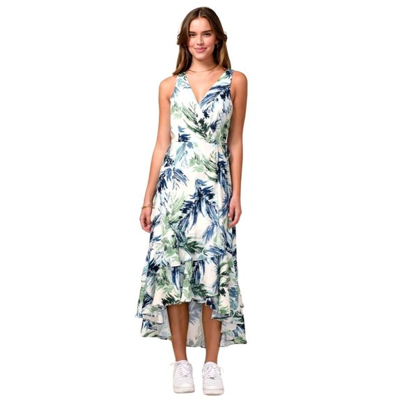 SALE Adelyn Rae NWT Nevina Ruffle Wrap Front Maxi Dress Tropical Leaf Print XS - Picture 1 of 12